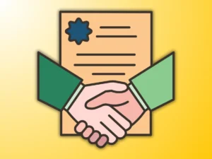 Illustration of two hands shaking in front of a signed contract, symbolizing a successful agreement or licensing deal.