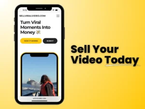 Smartphone displaying the SellViralVideo.com homepage with the tagline “Turn Viral Moments Into Money” and a video thumbnail of a whale breaching near a boat, alongside bold text reading “Sell Your Video Today.”